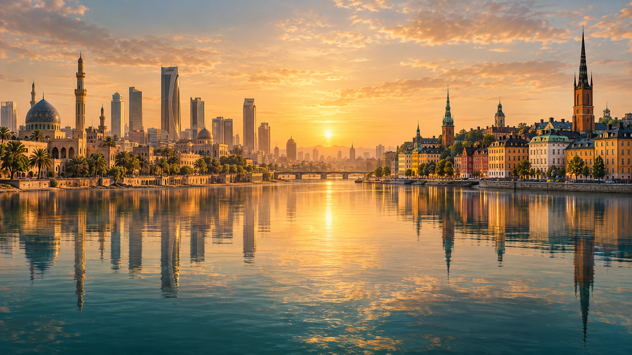 Blended Baghdad and Stockholm cityscapes
