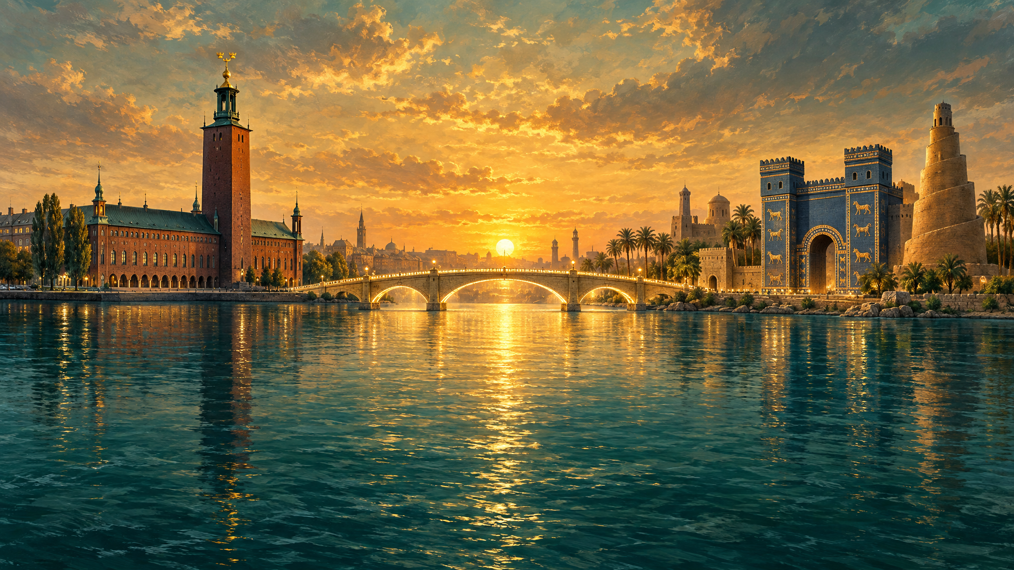 Iraqi and Swedish landmarks connected by a bridge of light